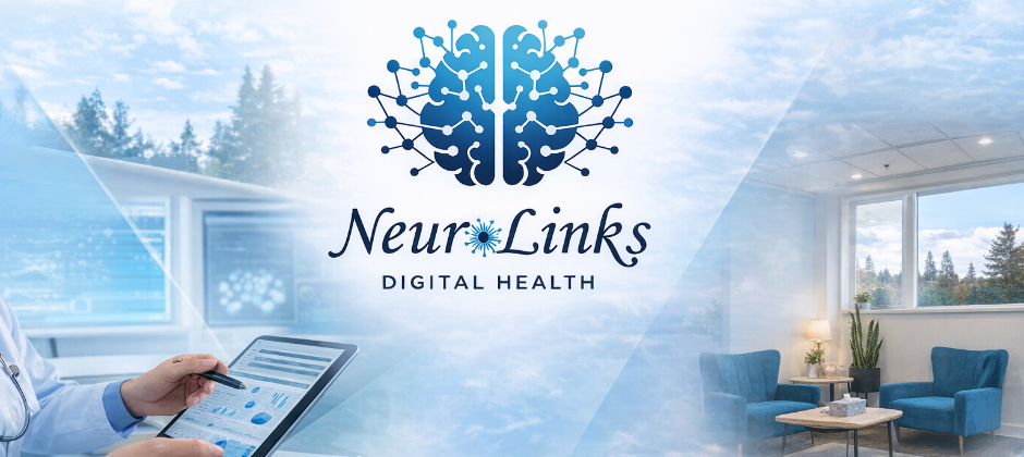 NeuroLinks Digital Health 精神醫療與數位健康企業形象圖。NeuroLinks 結合精神科臨床專業、數位健康科技與醫療系統設計，提供創新精神健康治療（如 TMS、Ketamine therapy）與醫師導向的醫療保險申報數位平台，致力於提升心理健康照護品質與醫療系統效率。